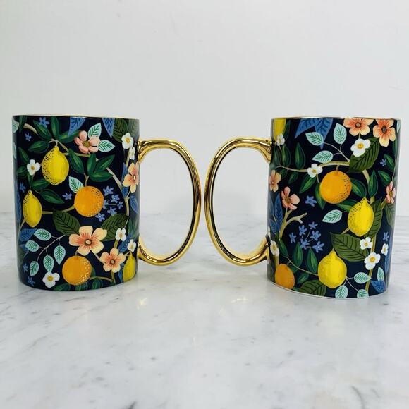 ANTHROPOLOGIE x RIFLE PAPER CO Set 2 Mugs Citrus Grove Black Gold Gild 16 oz EUC - Picture 3 of 8